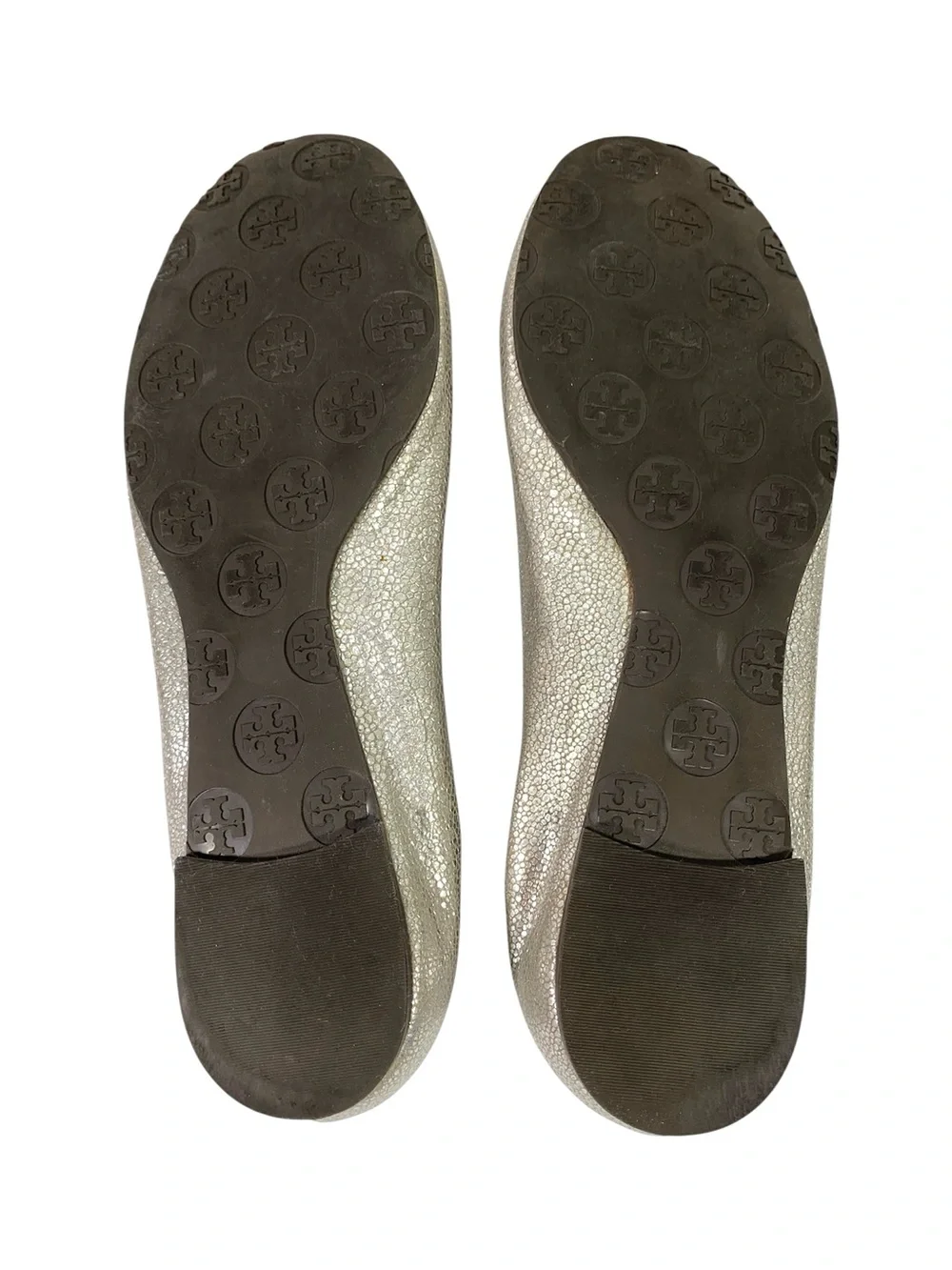 Tory Burch Reva Silver Metallic Tumbled Pebbled Leather Flats Size 10 M Travel